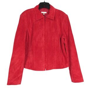 YVONNE LE MARIE Lined SUEDE LEATHER Red FULL-ZIP Point Collar JACKET Sz 12